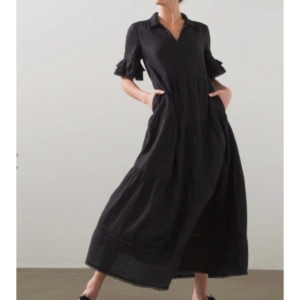 Resortwear Chico's Linen Coastal Vacation Black Maxi Dress SZ 0 (Small/Med)‎